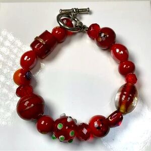 Vintage 2000s Y2K Red Millefiori Murano‎ Style Glass Bead Bracelet